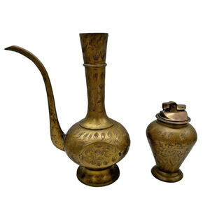 Antique Brass Table Lighter And Vase SET Etched Traditional Style
